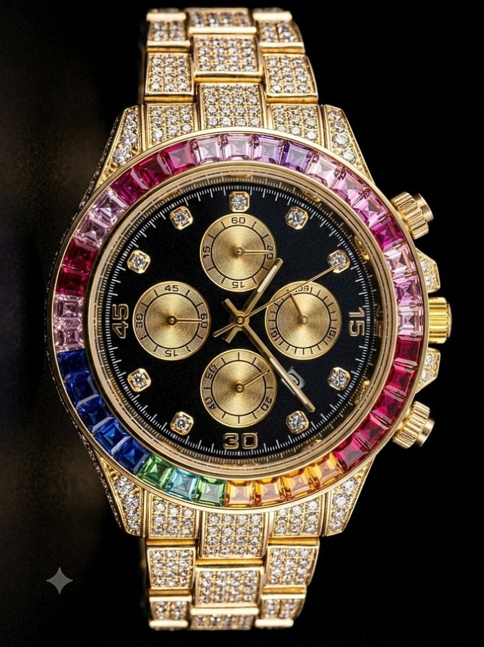Gold Plated Chronograph Bracelet Watch with Rainbow Bezel - Luxury Style